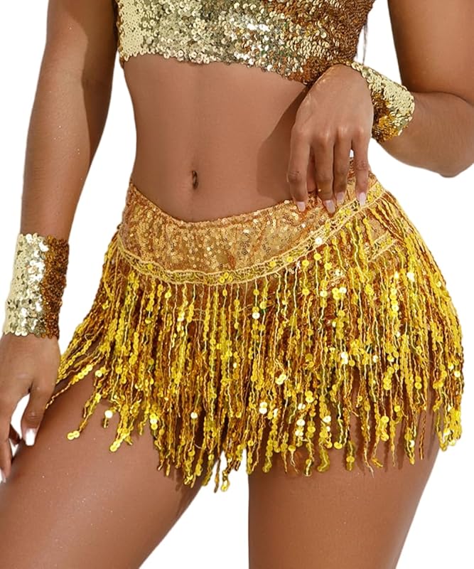 Yollmart Women's Sequins Tassel Skirts Shorts Booty Dance Festival Bottoms