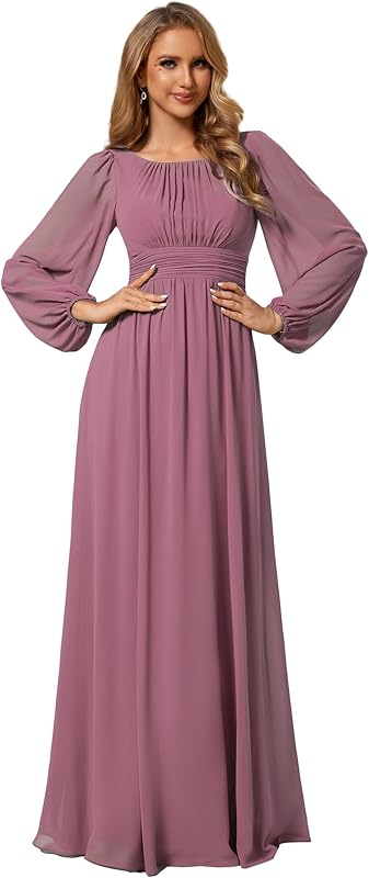 Ever-Pretty Women's Crewneck Long Lantern Sleeves Floor Length A-Line Pleated Chiffon Formal Dress 0106B