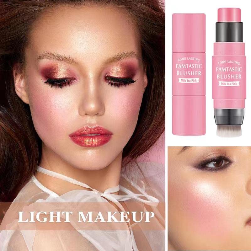 Cream Blush Stick with Brush,Waterproof Multi Cream Makeup Stick,Lightweight,Long-lasting,2 in 1 Multi Blush for Cheeks & Lip Tint & Eyeshadow Makeup(#01 Milk Tea Pink)