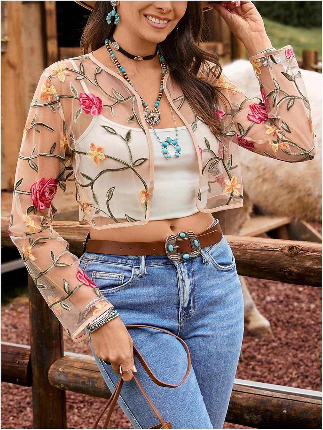 OYOANGLE Women's Floral Embroidered Open Front Crop Jackets Long Sleeve Mesh Summer Cardigan Tops