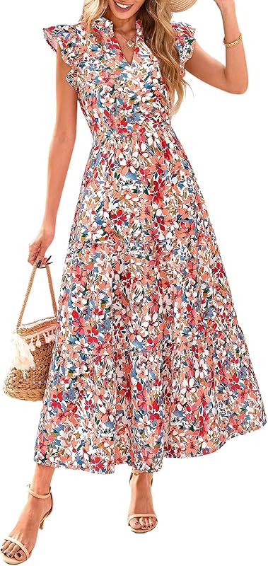 PRETTYGARDEN Women's 2025 Summer Floral Midi Dress Cap Sleeve V Neck Ruffle Long Flowy Boho Casual Beach Vacation Dresses