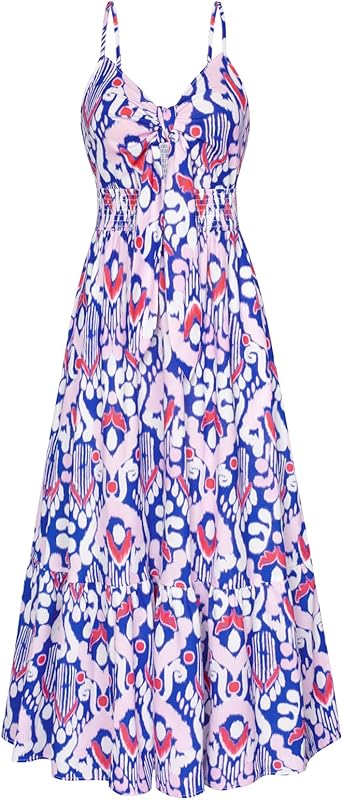 GRACE KARIN Women's 2025 Summer Maxi Dress Floral Tie Front Spaghetti Strap Casual Boho Beach Flowy Sundress with Pockets