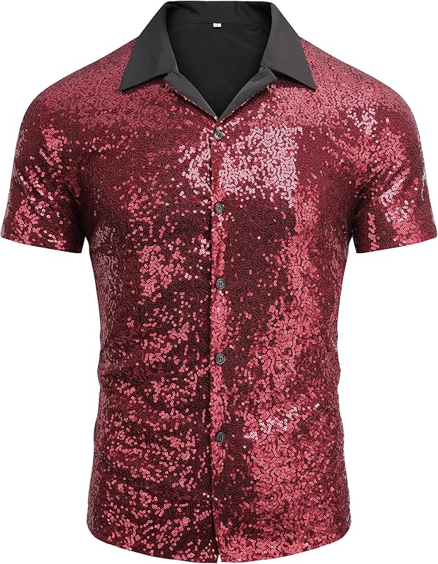 AstoSeu Men's Sequin Dress Shirt 70s Disco Costume Sparkle Party Short Sleeve Button Down Shirts