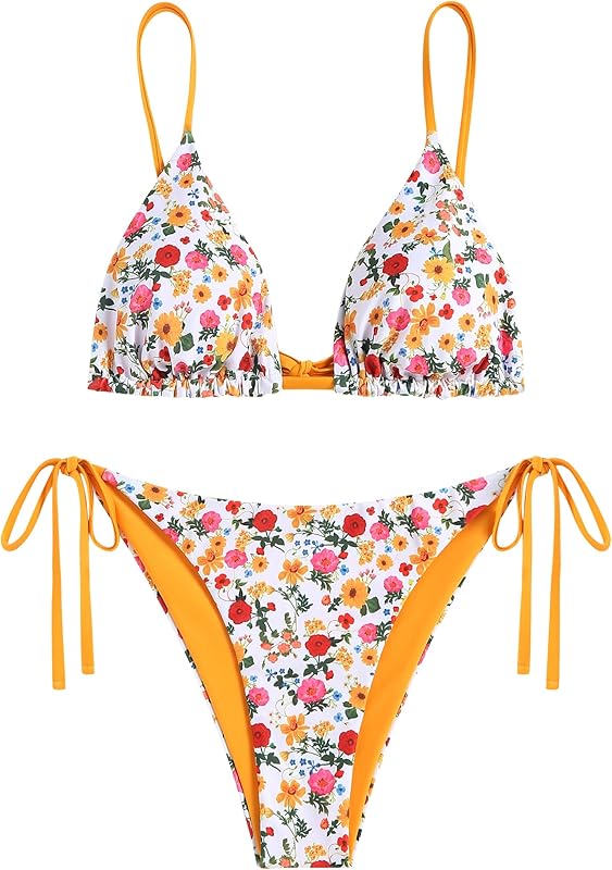 ZAFUL Women's Triangle Bikini Floral String Bikini Set Two Piece Swimsuit Bathing Suits