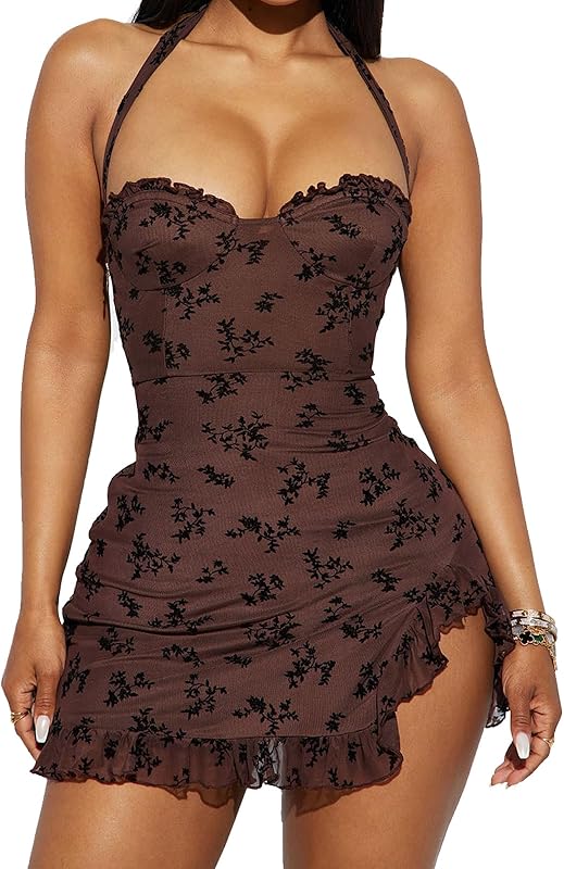 Women Floral Mini Dress Bohemian Spaghetti Strap Sleeveless Bodycon A-Line Dress Short Cami Swing Dress Clubwear Y2K