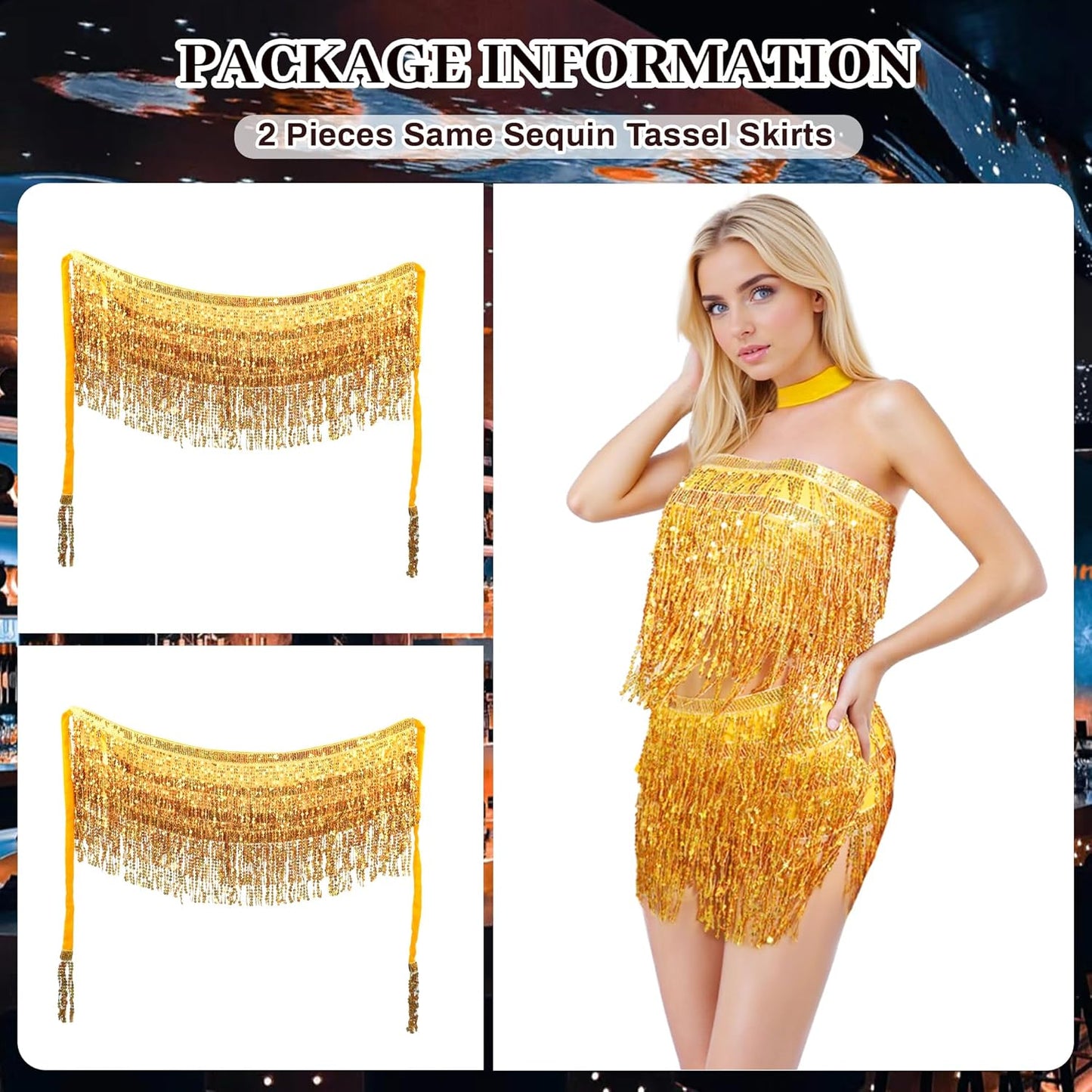 Sequin Skirts for Women (Waist/Bust Under 31.5"), Sparkly Skirts for Girls 2 Piece Set, Tassel Skirt for Kids, 2Pack