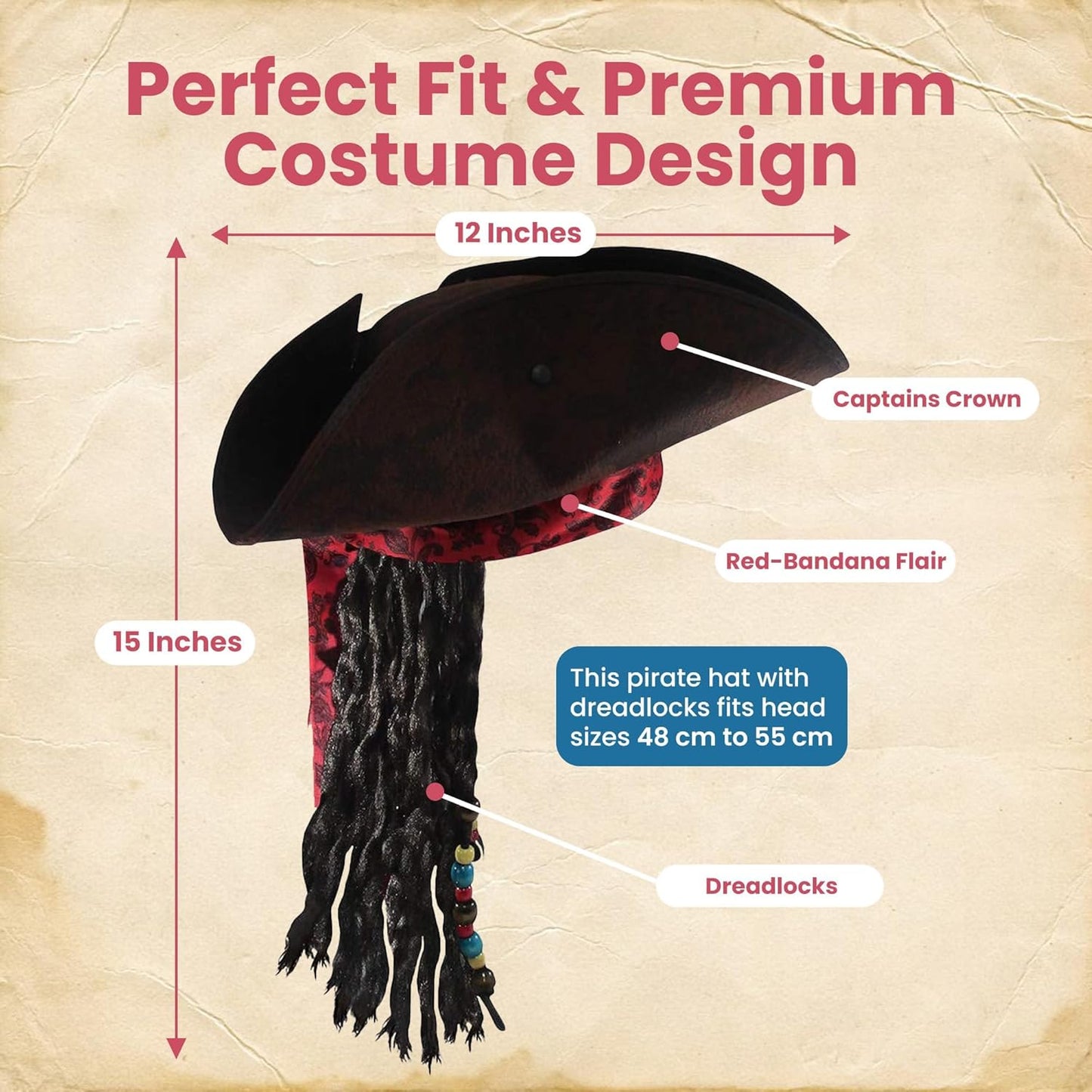 Nicky Bigs Novelties - Kids Pirate Hat with Dreadlocks and Red Band with Floral Filigree - Buccaneer Wig for Girls and Boys Costume, Caribbean Pirate Tricorn Hat Accessory, Brown