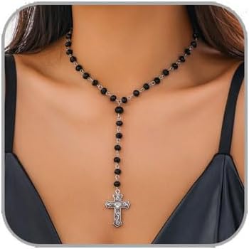 Gothic Cross Necklaces Layered Pearl Beads Cross Pendant Necklaces Punk Vintage Cross Chain Necklace Chunky Cross Necklace Gothic Jewelry for Women