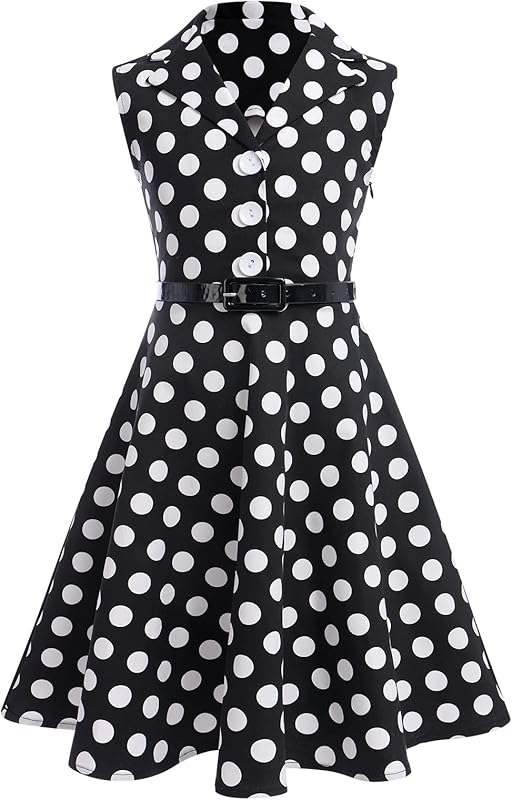 Kids Girls 50s Audrey Vintage Polka Dot Swing Party Rockabilly Dress Retro Peter Pan Doll Collar Wedding Casual Skater Dress