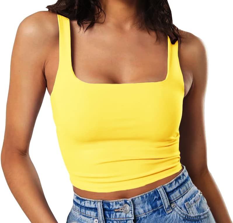 Artfish Women's Sleeveless Strappy Tank Square Neck Double Layer Workout Fitness Casual Basic Crop Tops