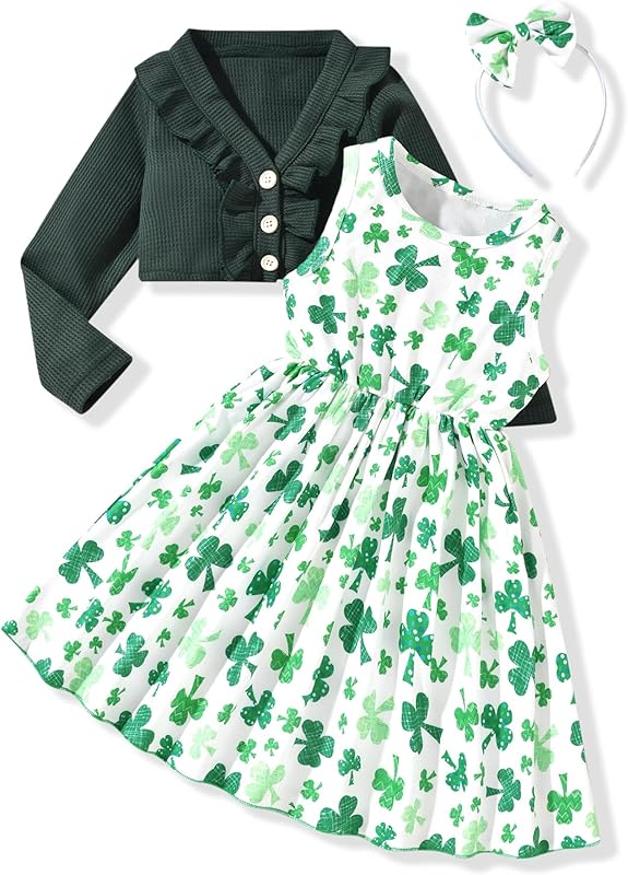 HINTINA Toddler Little Girls Dress And Cardigan Sets 2 Piece Floral Print Sleeveless Dress and Long Sleeve Cardigan Set