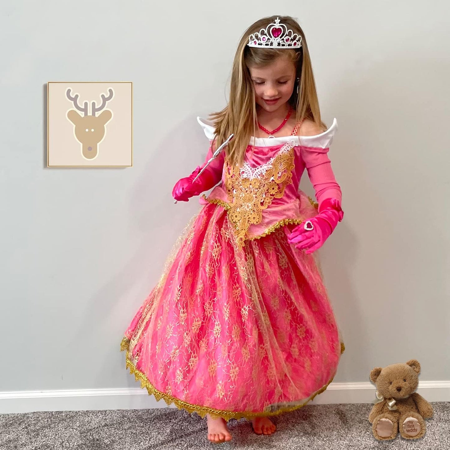 Girls Princess Costume Dresses Pink Princess Dress Up Clothes with Accessories for Halloween Cosplay Carnival Party