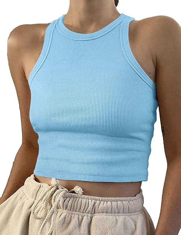 Artfish Women Casual Basic Sleeveless High Neck Rib-Knit Y2k Crop Tank Top