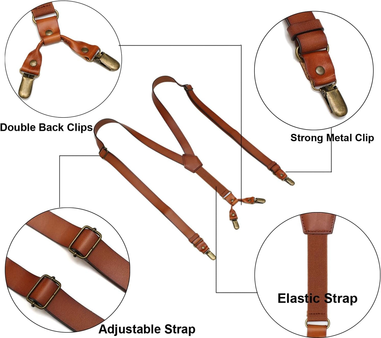 Leather Suspenders for Men Y Back Design Adjustable Suspender with 4 Metal Clips Groomsmen Gift Wedding Brown