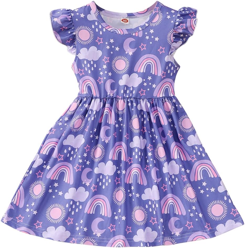 Toddler Little Girls Casual Dresses Short Sleeve Crew Neck Graphic Cartoon Dress for 2-8 Years