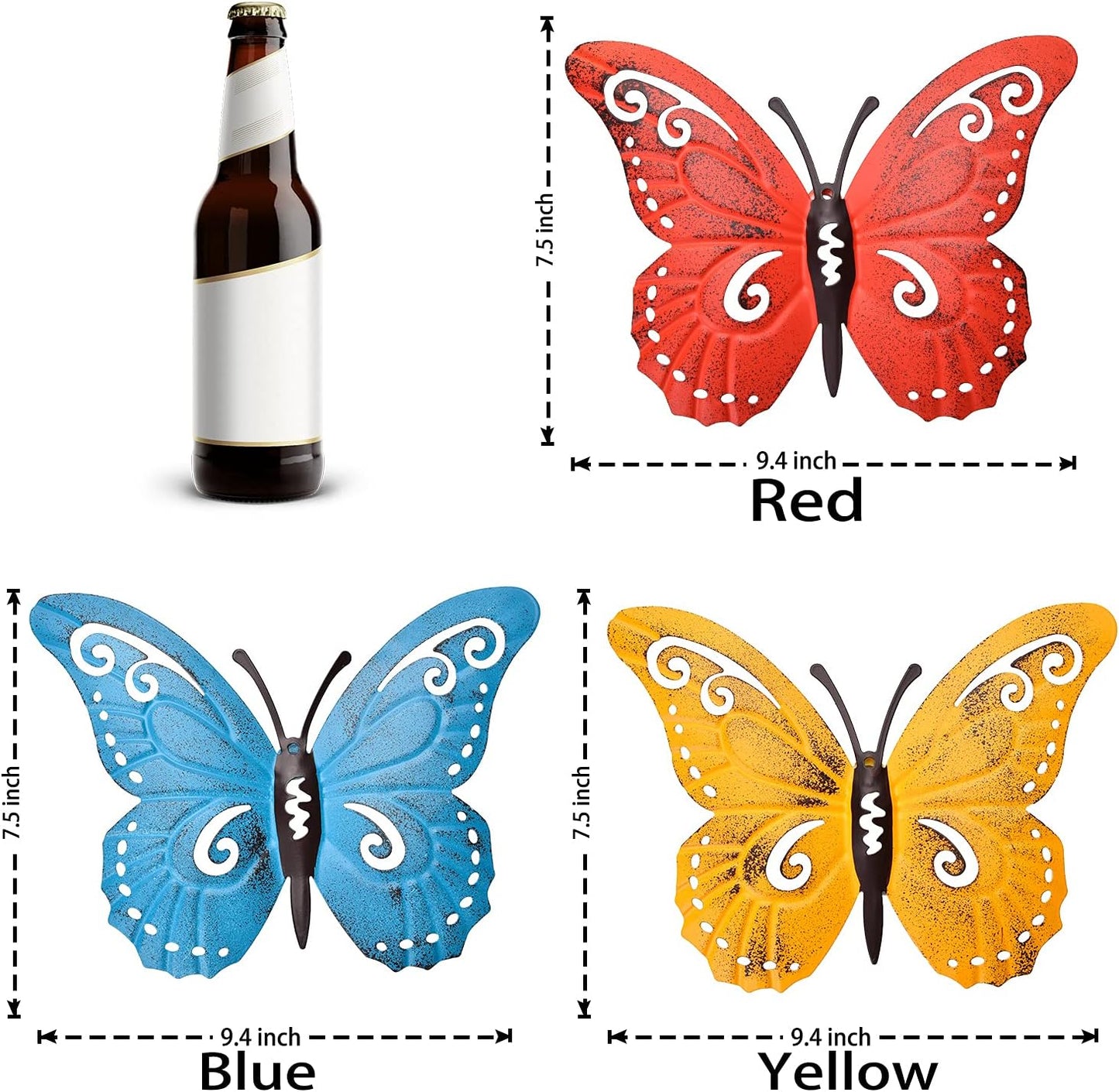 EASICUTI Metal Butterfly Wall Decor Butterfly Wall Art Hanging Sculpture For Indoor Outdoor Home Bathroom Living Room Bedroom Or Porch Patio Fence Yellow Red Blue 3 Pack 9.4" L x 7.5" H
