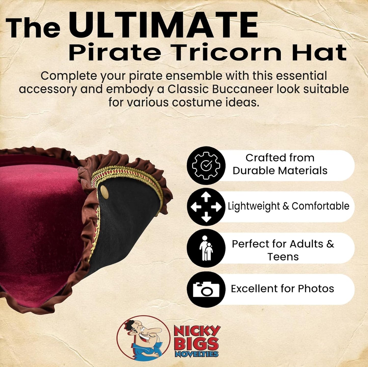 Nicky Bigs Novelties Adult Deluxe Black Tricorn Tricorner Pirate Hat Buccaneers Cap Costume Accessory