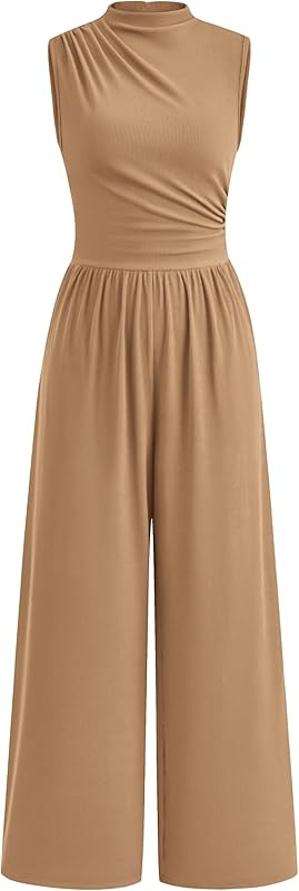 PRETTYGARDEN Womens Summer Jumpsuits Dressy Casual One Piece Outfits Sleeveless Mock Neck Wide Leg Pants Rompers with Pockets