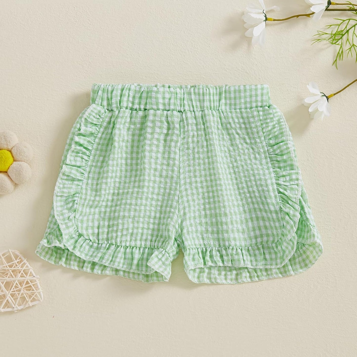 Karuedoo Toddler Baby Girl Shorts Casual Summer Gingham Plaid/Seersucker Elastic Waist Ruffle Hem Shorts Bottoms