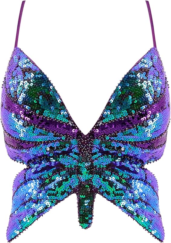 Mocure Womens Glitter Sequin Butterfly Crop Top Low-Cut Tank Top Rave Tube Vest Top for Belly Dance Costume Outfits