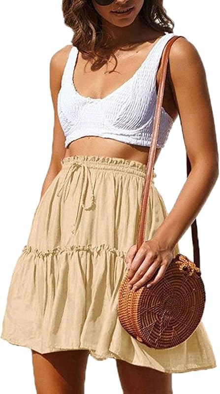 Hoerev Womens Girls Floral Flared Short Skirt Cute High Waist Ruffle Skirt Beach Mini Skirt