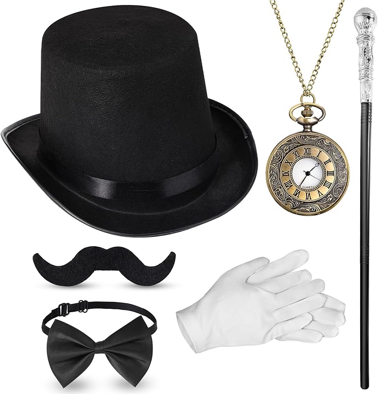Jadive 6 Pcs 1920s Men Accessories Gentleman Costume Hat Round Head Scepter Magnifying Glass Necklace Bow Tie Gloves Beard