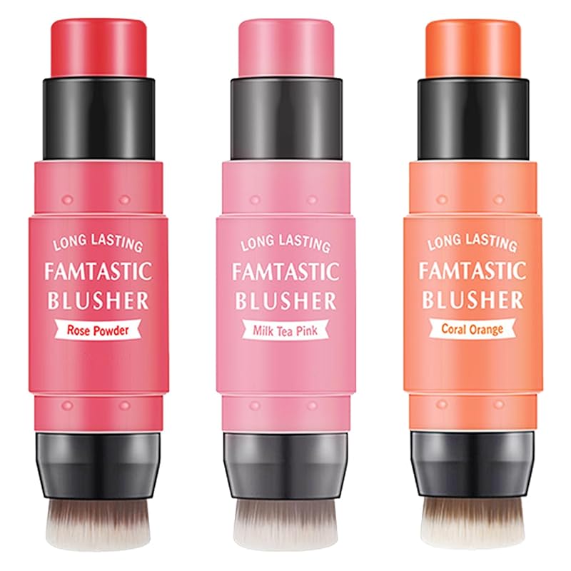 Cream Blush Stick with Brush,Waterproof Multi Cream Makeup Stick,Lightweight,Long-lasting,2 in 1 Multi Blush for Cheeks & Lip Tint & Eyeshadow Makeup(#01 Milk Tea Pink)