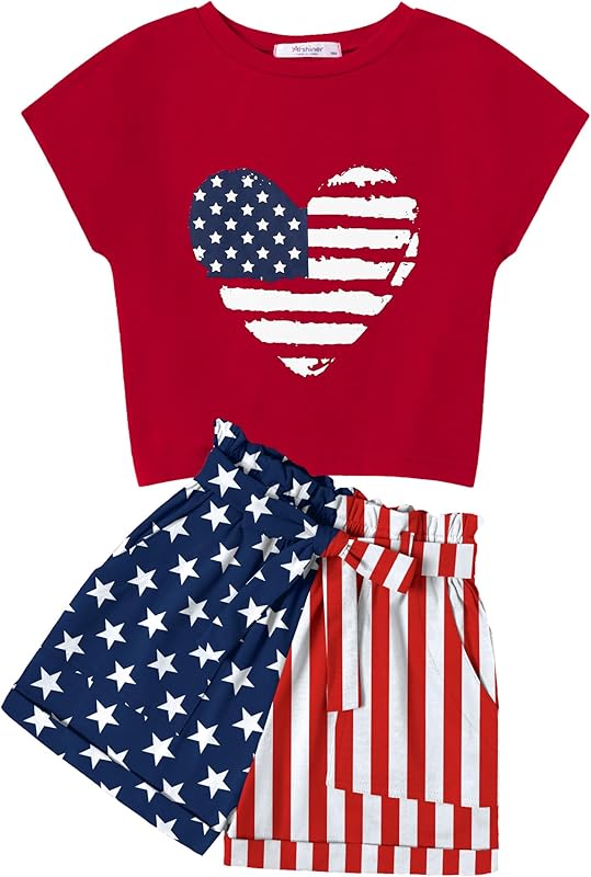 Arshiner Girls 2 Piece Outfit Summer Drop Shoulder Batwing Sleeve Tops and Paperbag Waist Shorts Set Cute Clothing Size 6-14