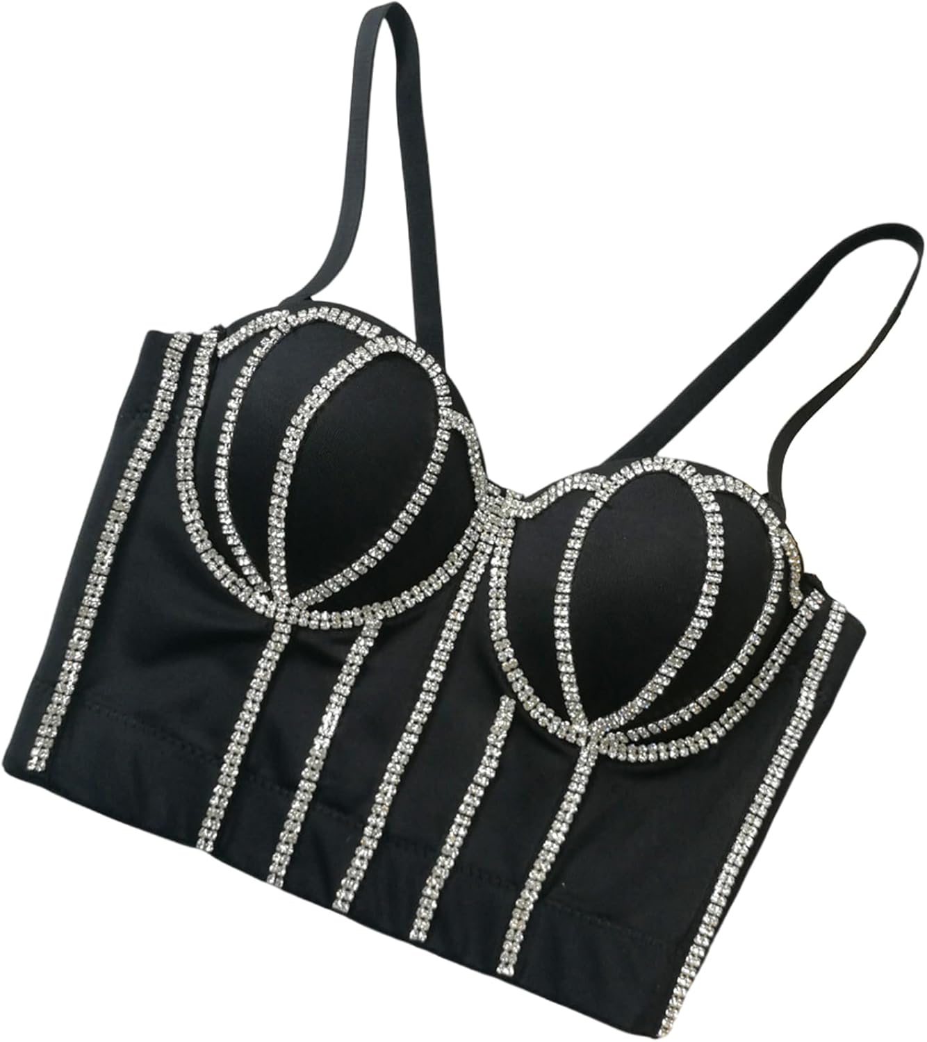 Women's Handmade Rhinestone Diamond Push up Bustier Crop Top Punk Corset Bra Vest With Detachable Strap