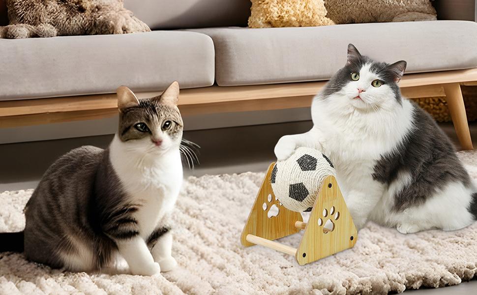 Kugelkratzer für rotierende Katze mit Holzsockel Fußballspielzeug Selbstspiel mit integrierter Nagelfeile | Interaktive Bewertung für Übungen und Anreicherung für Kätzchen und Katzen im Innenbereich |