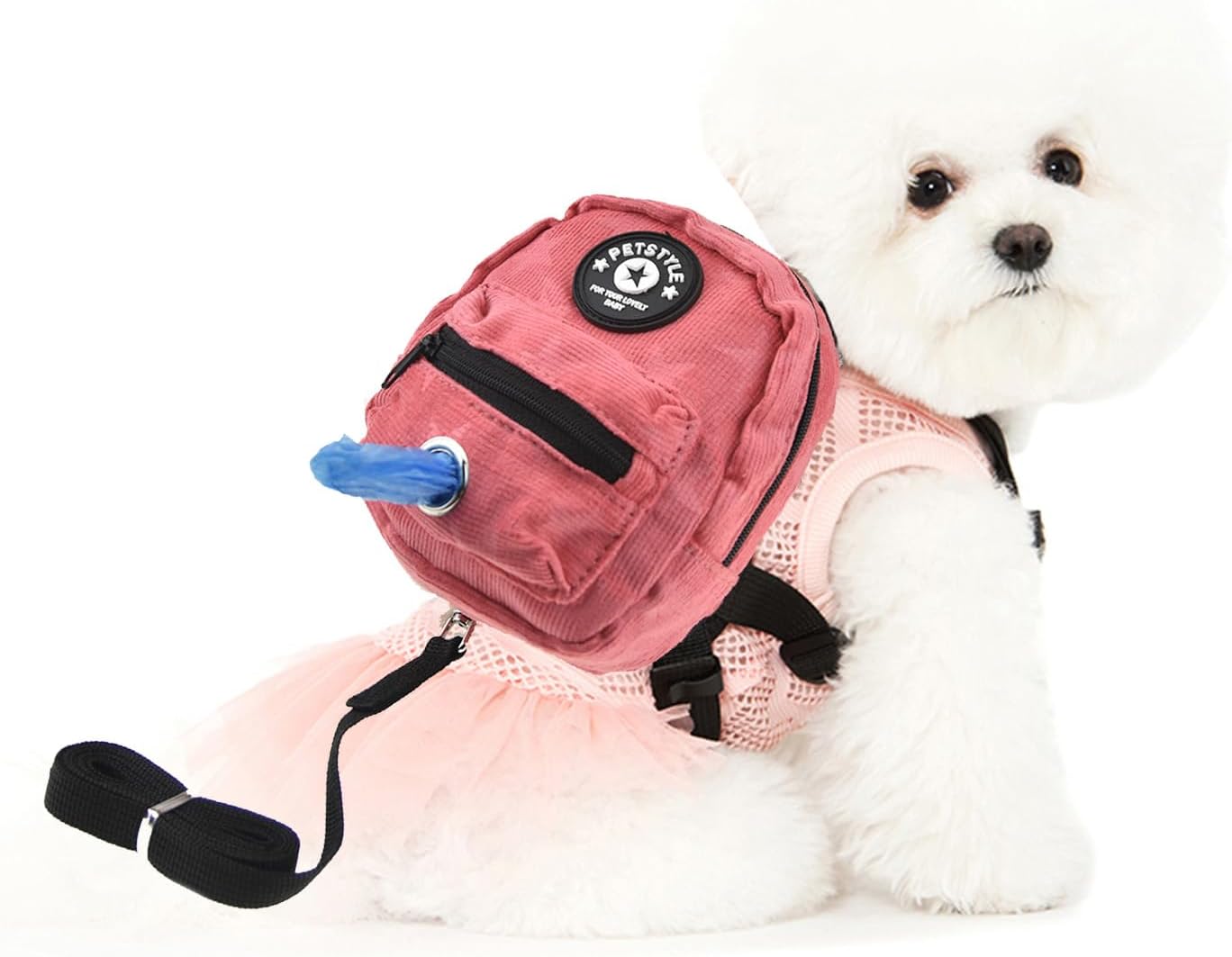 FLAdorepet Dog Backpack Harness with Leash, Dog Poop Bag Dispenser, Pet Self Carrier Adjustable Travel Hiking Walking Harness Backpack for Small Medium Dogs (L(Fit:10-15lb), Pink)