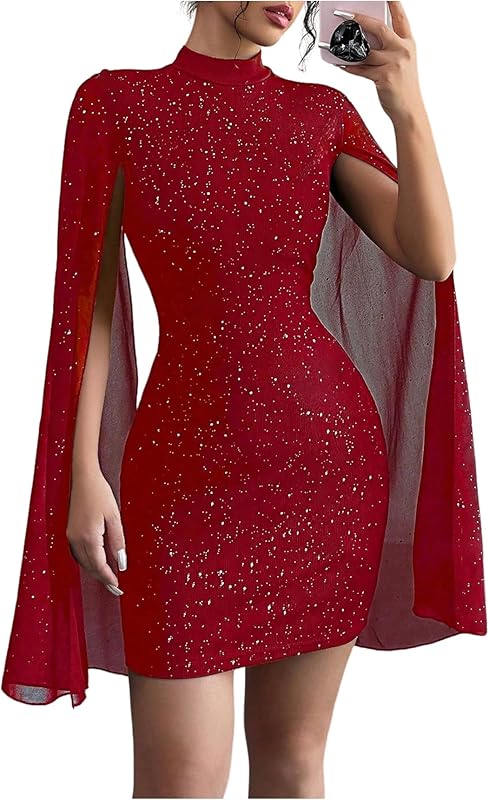 SOLY HUX Women's Sparkly Glitter Bodycon Mini Dress Sequin Long Bell Sleeve Mock Neck Prom Cocktail Party Dresses