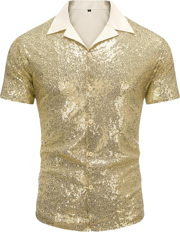 AstoSeu Men's Sequin Dress Shirt 70s Disco Costume Sparkle Party Short Sleeve Button Down Shirts
