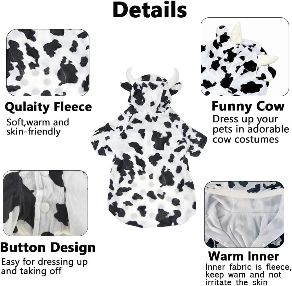 FLAdorepet Halloween Dog Cow Costume Outfits for Small Medium Large Dog Winter Fleece Puppy Jacket Coat Hoodie Funny Dog Clothes Golden Retriever (White, S)