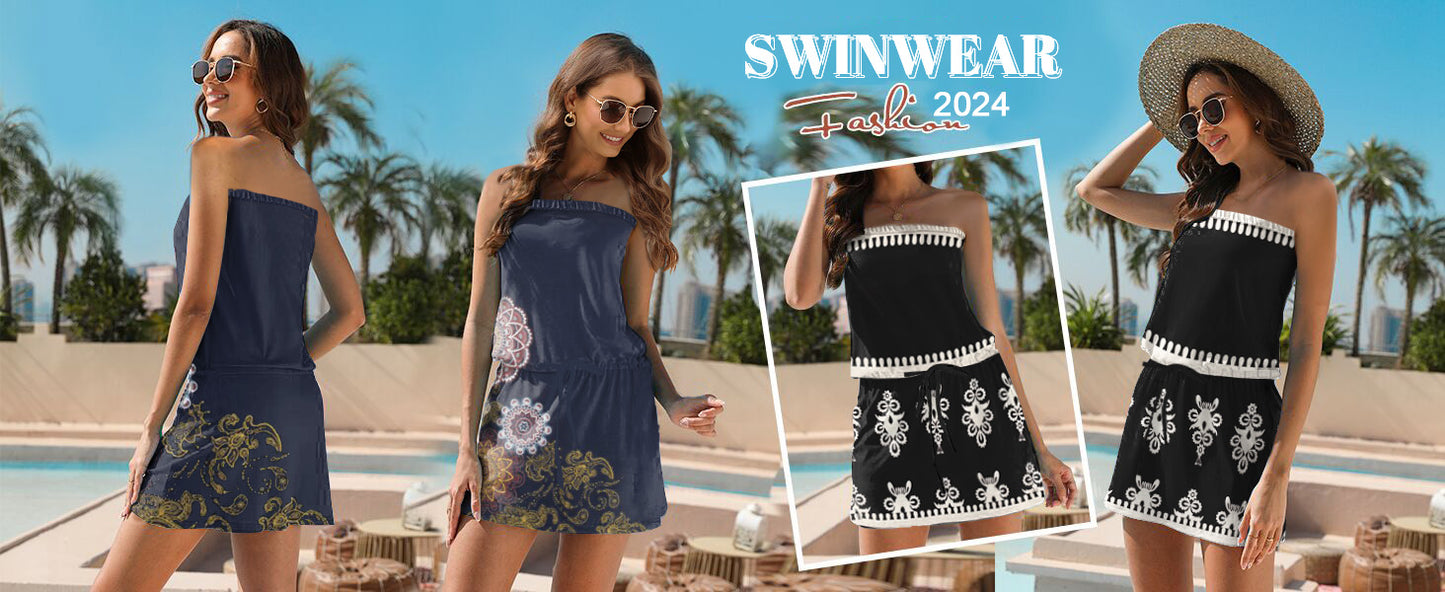SAUKOLE Summer Dress for Women Strapless Beach Cover Ups Boho Sundress Mini Dress Drawstring Waist with Pockets