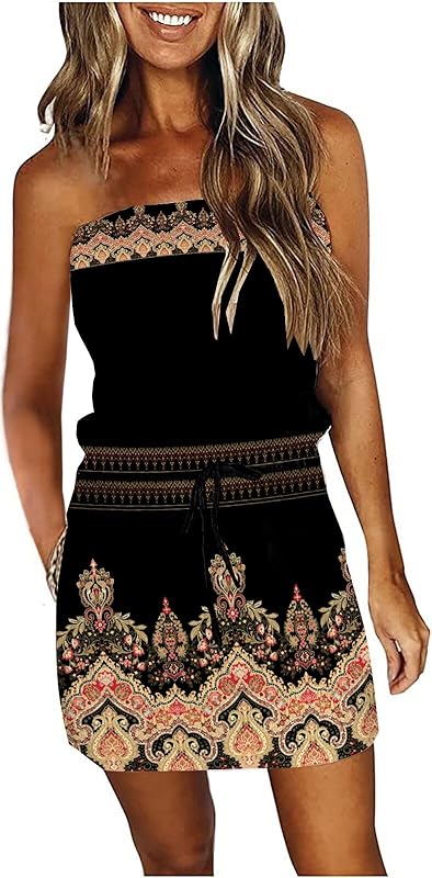 SAUKOLE Summer Dress for Women Strapless Beach Cover Ups Boho Sundress Mini Dress Drawstring Waist with Pockets