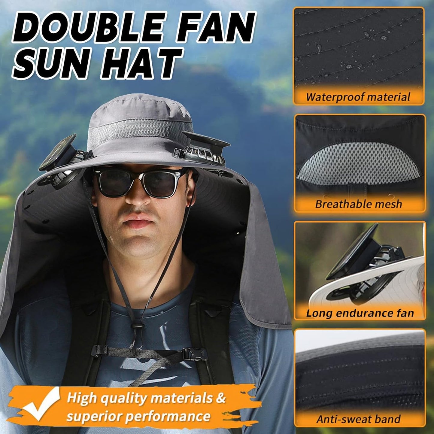 Wide Brim Solar Fan Outdoor Fishing Hat Hats for Men Women & USB Charging,Upf50+