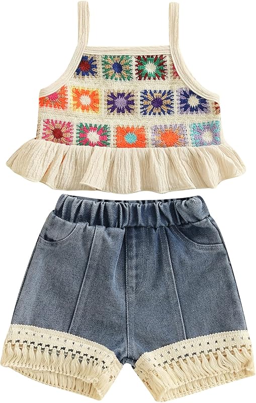 Emmababy Toddler Girls Denim Shorts Set Ribbed Crop Tank Top Sleeveless Bow Jean Shorts Skirt Western Baby Summer Clothes