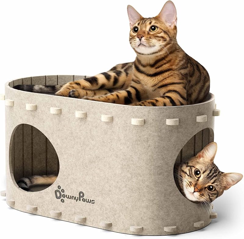 DownyPaws Cat House for Indoor Cats, Cat Bed Cave for Multiple & Large Cats Up to 22 Lbs, Scratch Resistant Peekaboo Cat Caves, Foldable Cat Tunnel Enclosed Bed, PeekaPurr, Cream
