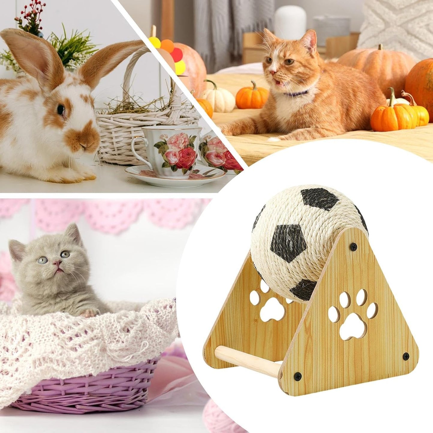 Kugelkratzer für rotierende Katze mit Holzsockel Fußballspielzeug Selbstspiel mit integrierter Nagelfeile | Interaktive Bewertung für Übungen und Anreicherung für Kätzchen und Katzen im Innenbereich |