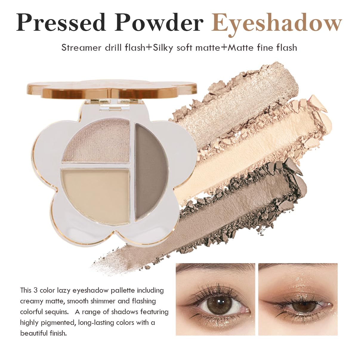 Pink Glitter Eyeshadow Palette,Matte Shimmer Cream Eye Shadow Lazy Smoky Brown Eyeshadow Highly Pigmented, Long-Lasting,3 Colors Eye Brightener Makeup Palette (101#)
