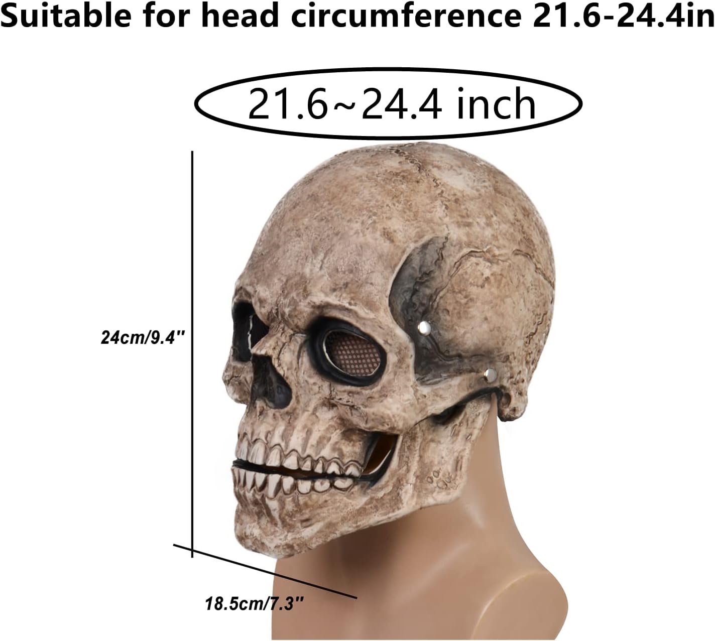 RRANYF Creepy Halloween Full Head Skull Mask with Movable Jaw, Adult Entire Head Realistic Latex Helmet, Scary Skeleton