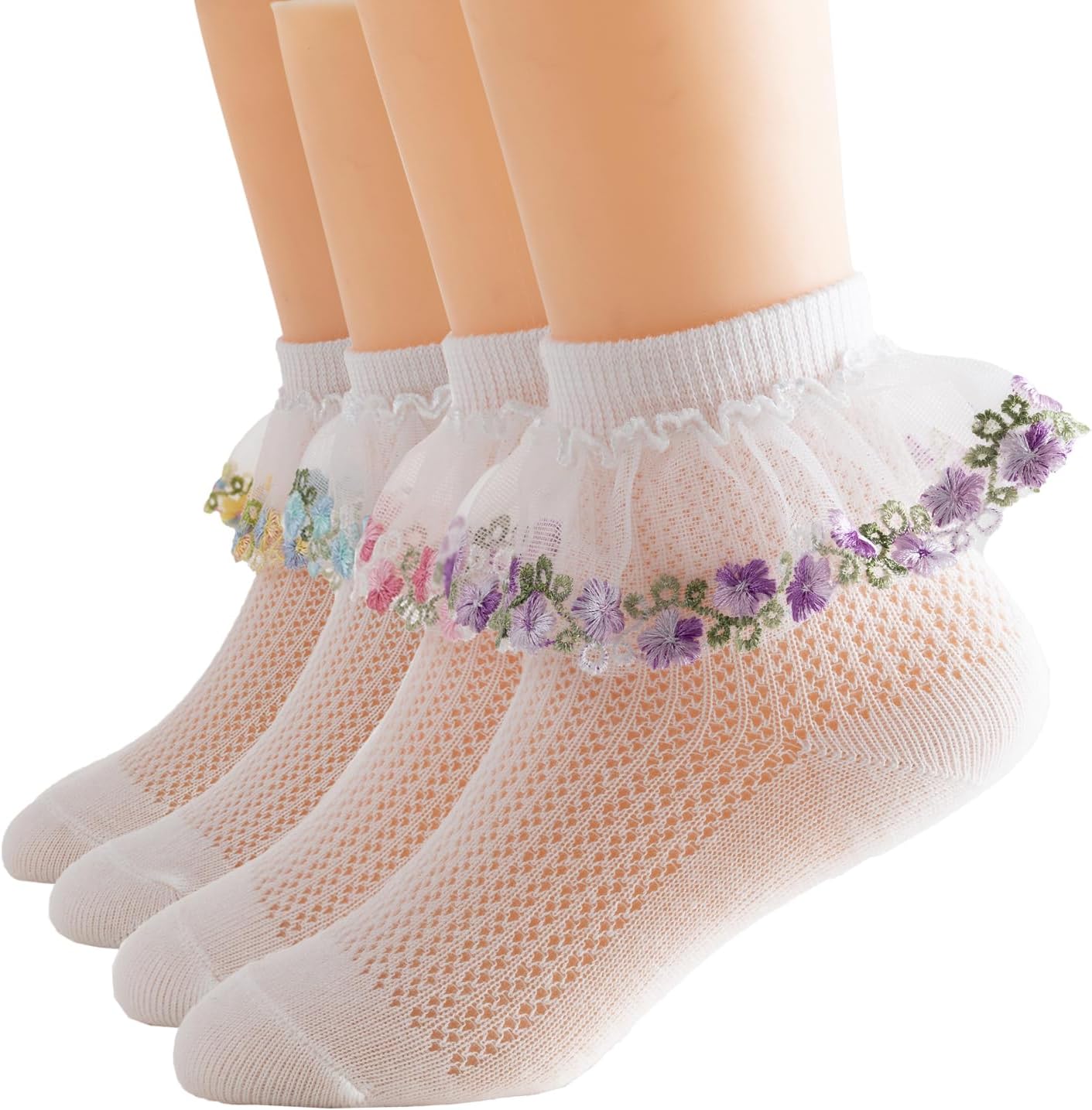 Looching Baby Infant Cute Lace Ankle Socks with Embroidered Flowers Toddler Eyelet Floral Socks 4 Pack