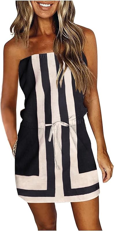 SAUKOLE Summer Dress for Women Strapless Beach Cover Ups Boho Sundress Mini Dress Drawstring Waist with Pockets
