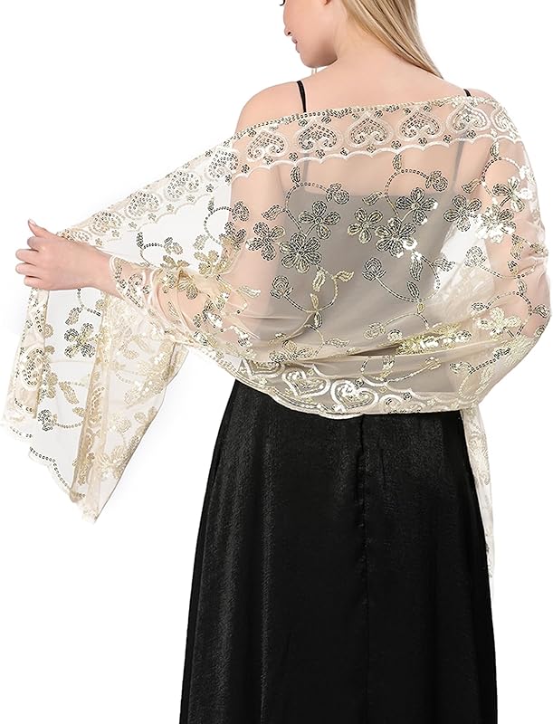 Shawls and Wraps for Evening Dresses,Women Formal 1920s Sequin Flower Sheer Shawls and Wraps for Wedding-