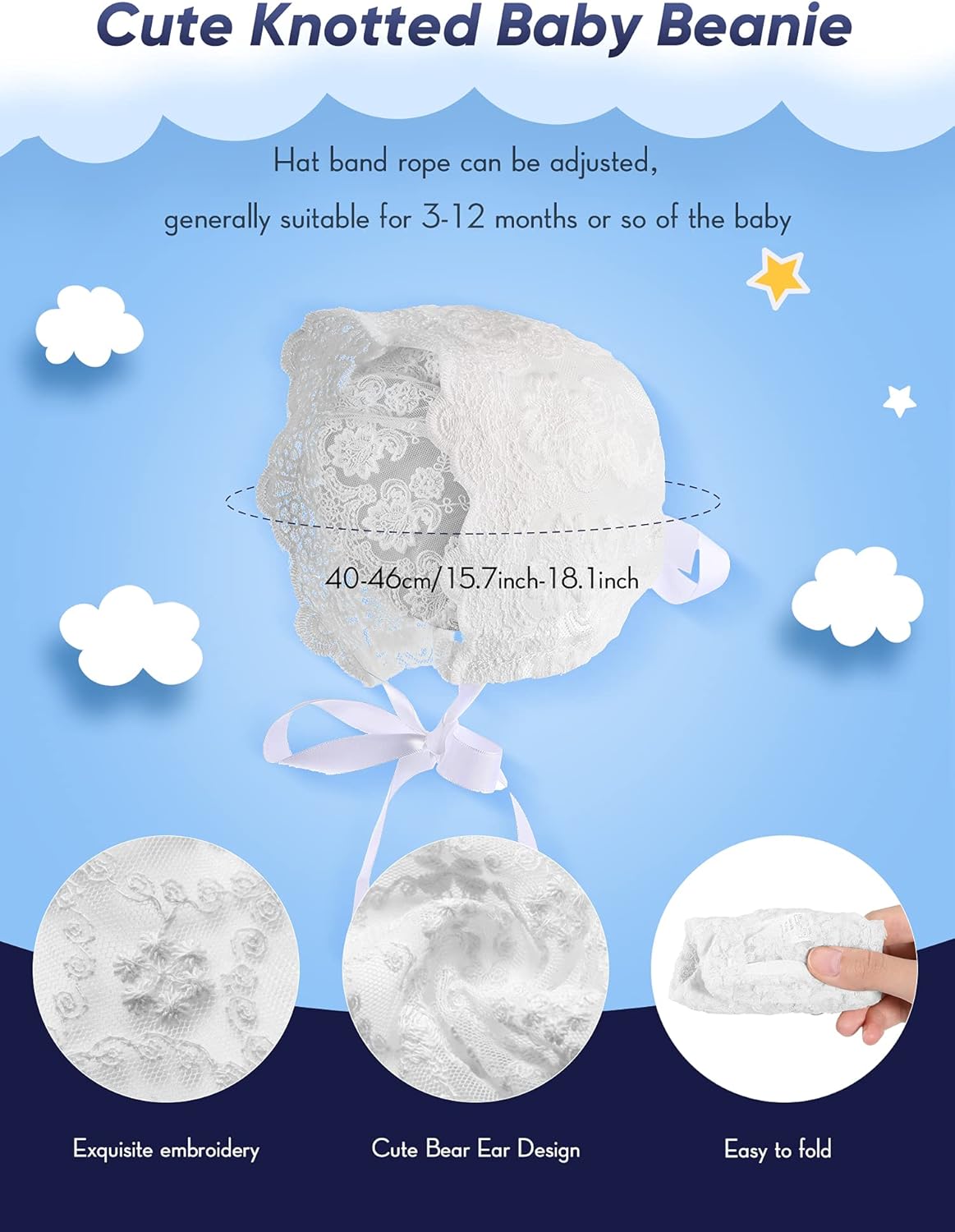 Unittype 2 Pieces Baby Girl Lacy Bonnet Eyelet Lace Christening Bonnet Cap Toddlers Beanie Breathable Sun Protection Hat White,40- 44cm 16.5-17.3 inches in head circumference