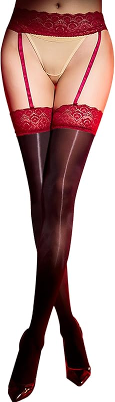 HTRUIYA Garter Stockings for Women Shiny Suspender Stockings Tights Lace Top Sheer Thigh High Silicone Control Pantyhose
