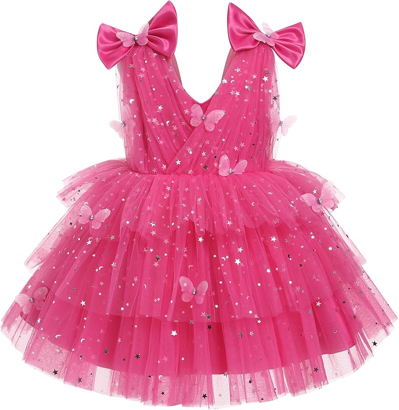 IMEKIS Toddler Girls Butterfly Birthday Dress Rainbow Tulle Formal Wedding Party Ruffle Tutu Dresses Photo Shoot