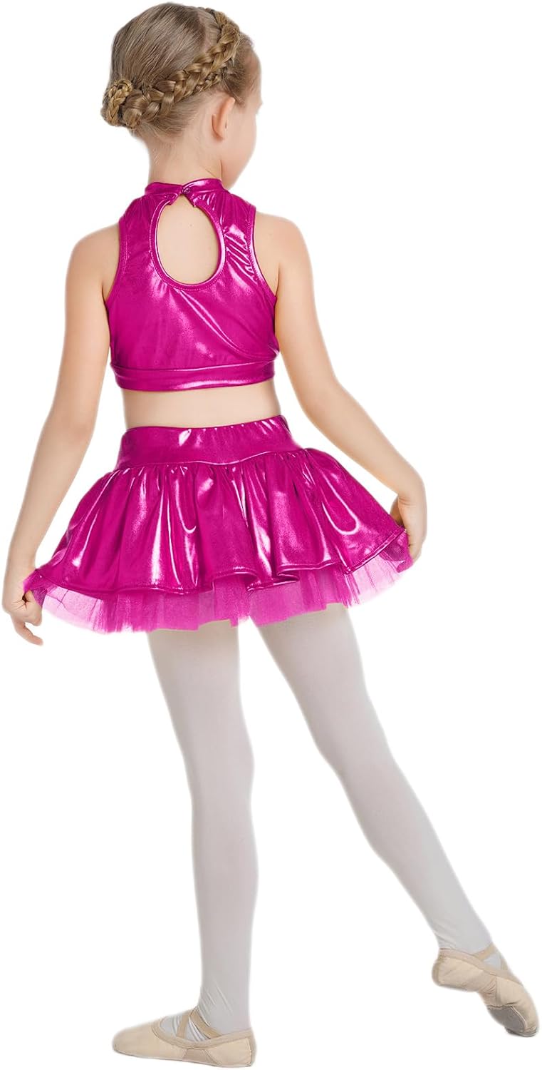 IBAKOM Girls Sequins Dance Outfits Halter Metallic Crop Top Camisole Tutu Skirt Hip Hop Clothes Kids Jazz Dance Costume
