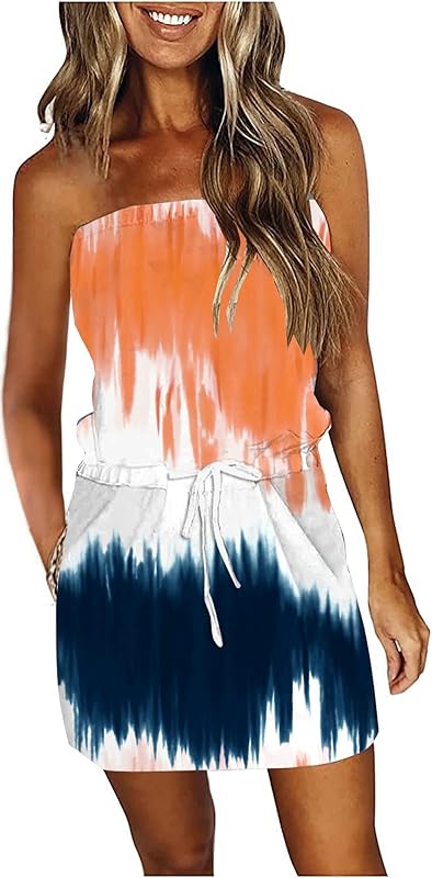 SAUKOLE Summer Dress for Women Strapless Beach Cover Ups Boho Sundress Mini Dress Drawstring Waist with Pockets